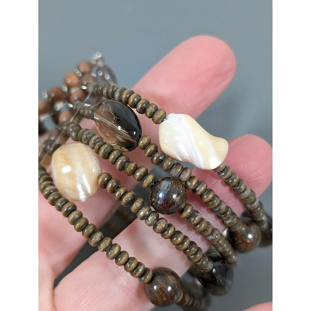 Wide Brown Beaded Cuff Bracelet Wood Shell‎ Glass Flexible Boho